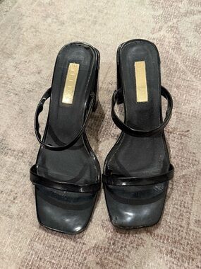 Billini Black Patent Square-Toe Strappy Block Heels